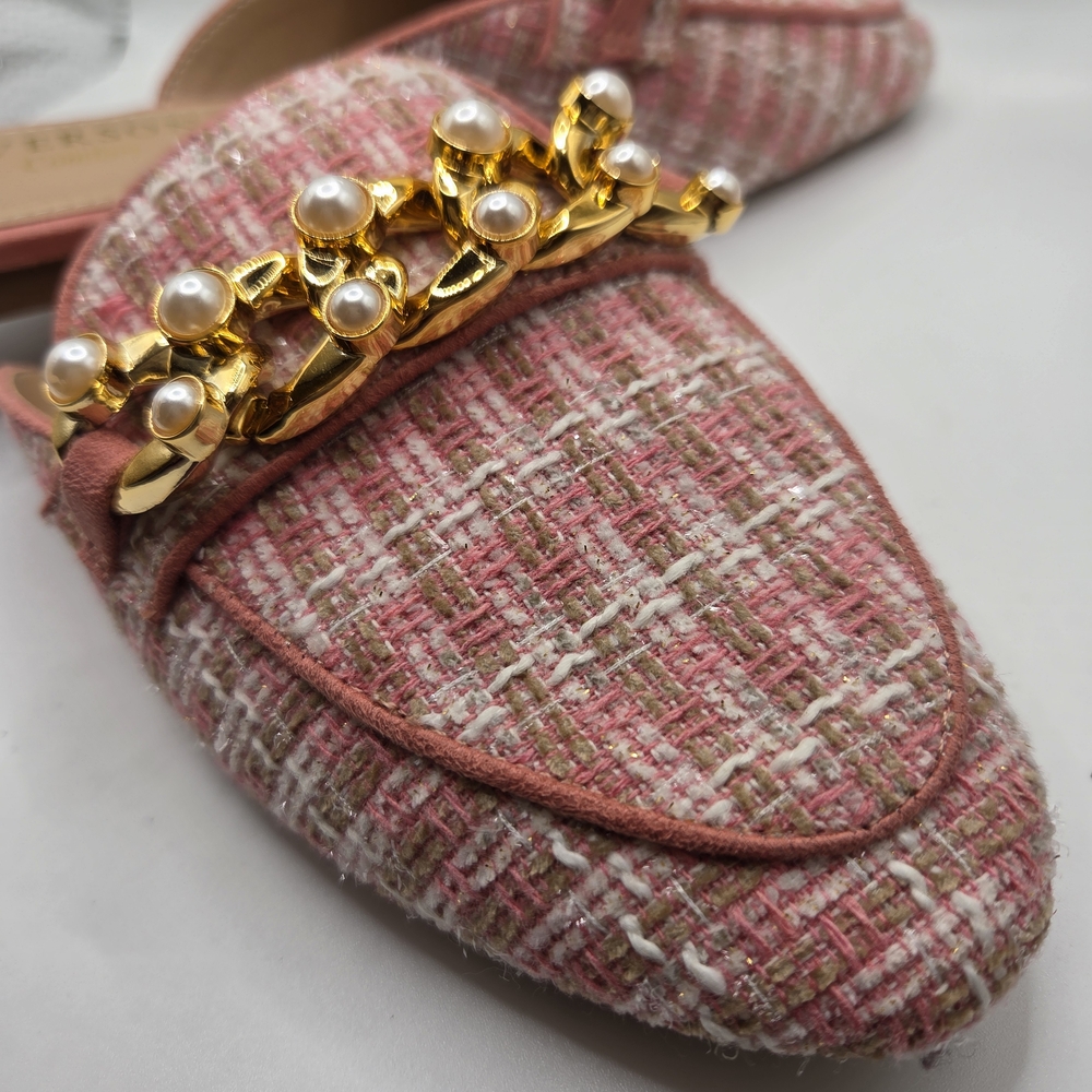 Versona Pink Tweed Flats with Gold and Pearl Detail